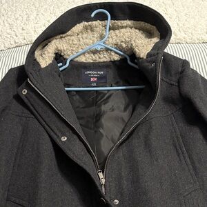 London Fog Charcoal Hooded Wool-Blend Pea Coat with Sherpa Hood